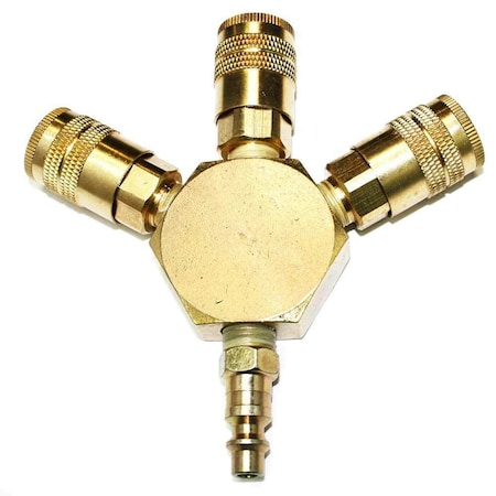 Interstate Pneumatics Flat Hex Manifold with Three 1/4 Inch Brass Industrial Couplers & One 1/4 Inch Steel Plug Kit FPM44R-KH4B